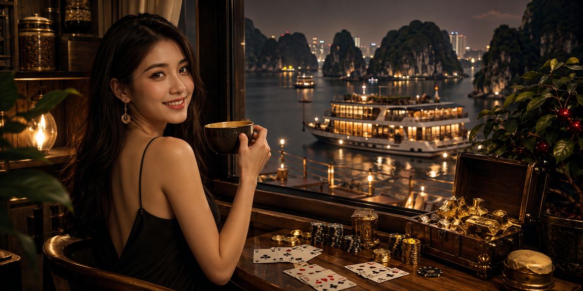 Người chơi thưởng thức cà phê và theo dõi kết quả xổ số bên vịnh Hạ Long