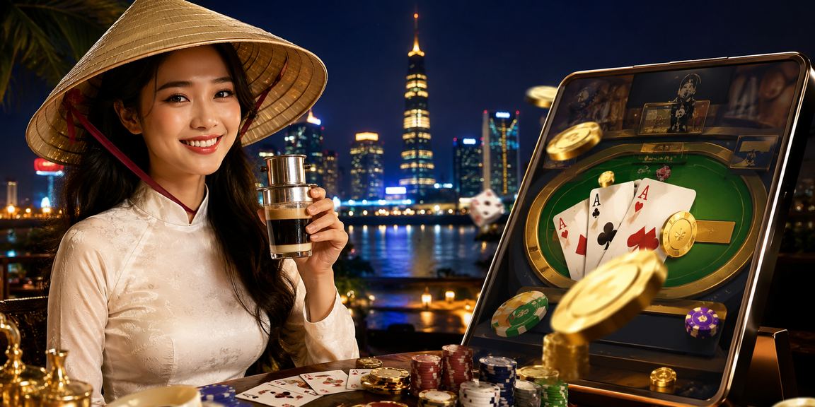 Người chơi tham gia trò chơi bài tại Sài Gòn với nón lá truyền thống